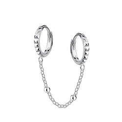 Silver Patterned Double Huggie Earrings with Chain - 22594