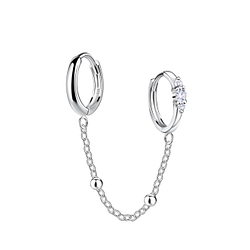 Silver Double Huggie Earrings with Chain - 22595