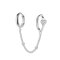 Silver Heart Double Huggie Earrings with Chain - 22596
