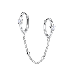 Silver Double Huggie Earrings with Chain - 22597