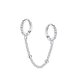 Silver Double Huggie Earrings with Chain - 22598