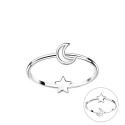 Silver Double Sided Moon and Star Ring - 22834