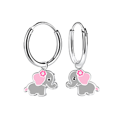 Silver Elephant Charm Hoop Earrings - 22945