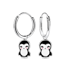 Silver Penguin Charm Hoop Earrings - 22955