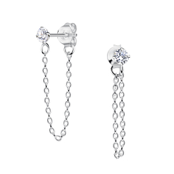 3mm Round Cubic Zirconia Silver Stud Earrings with Chain - 23162