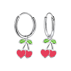 Silver Cherry Heart Charm Hoop Earrings - 23130