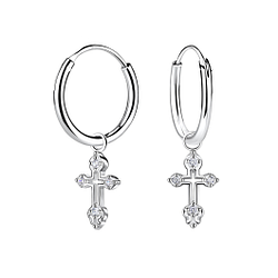 Silver Cross Charm Hoop Earrings - 23139