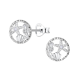 Silver Starfish Seahorse and Shell Stud Earrings - 23276