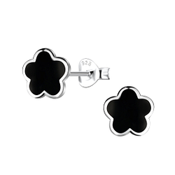 Silver Flower Stud Earrings with Synthetic Black Onyx - 23458