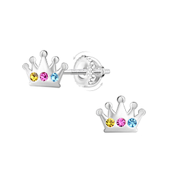 Silver Crown Screw Back Earrings - 23498