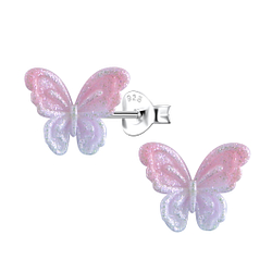 Silver Stud Earrings with Resin Butterfly - 23747
