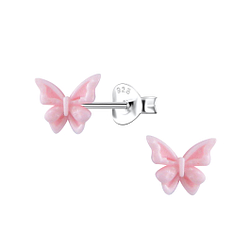 Silver Stud Earrings with Resin Butterfly - 23751