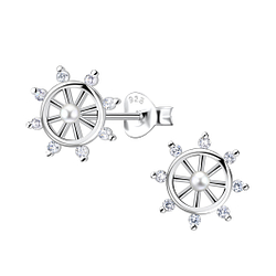 Silver Ship Wheel Stud Earrings - 23535