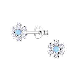 Silver Flower Opal Stud Earrings - 23610