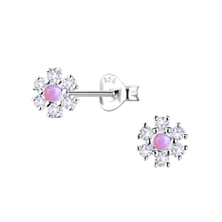 Silver Flower Opal Stud Earrings - 23611