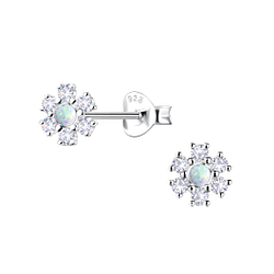 Silver Flower Opal Stud Earrings - 23612