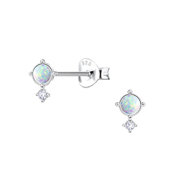 Silver Round Opal Stud Earrings - 23621
