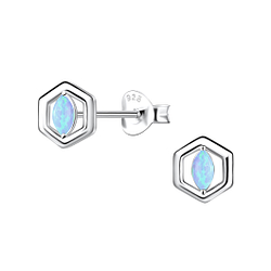 Silver Hexagon Opal Stud Earrings - 23645