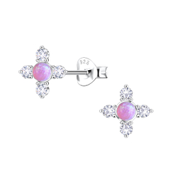 Silver Geometric Opal Stud Earrings - 23670