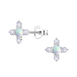 Silver Geometric Opal Stud Earrings - 23671