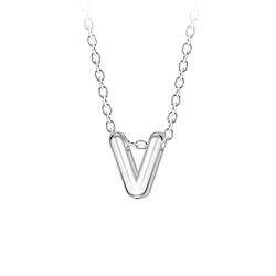 Silver Letter V Beaded Necklace - 23700