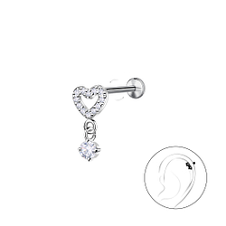 Silver Heart with Hanging Stone with Titanium Labret - 23968