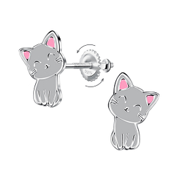 Silver Cat Screw Back Earrings - 24026