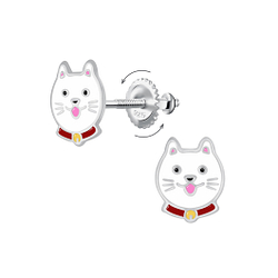 Silver Cat Screw Back Earrings - 24024