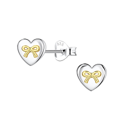 Silver Heart with Bow Stud Earrings - 24355