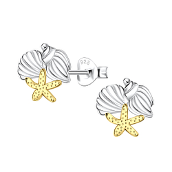 Silver Starfish and Shell Stud Earrings - 24357