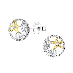 Silver Starfish Seahorse and Shell Stud Earrings - 24361