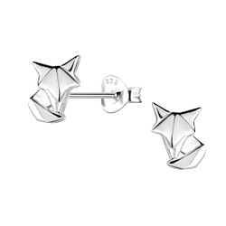 Silver Origami Fox Stud Earrings - 24389