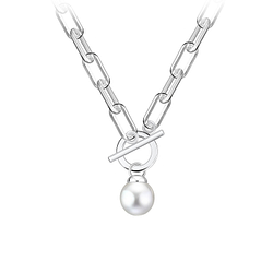 43mm Silver Toggle Square Paperclip Necklace with 6mm Hanging Pearl - 24445