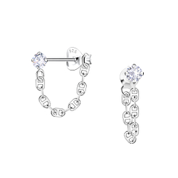 Silver Single Stone Stud Earrings with Chain - 25423