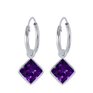 6mm Square Cubic Zirconia Silver Charm Hoop Earrings2245