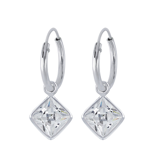 6mm Square Cubic Zirconia Silver Charm Hoop Earrings2245