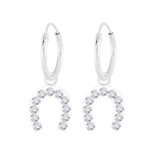 Silver Horseshoe Crystal Charm Hoop Earrings5624