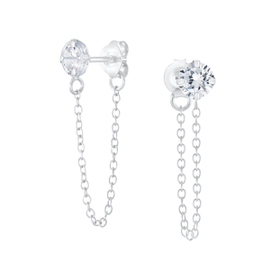 4mm Round Cubic Zirconia Silver Stud Earrings with Chain6203