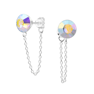 8mm Round Crystal Silver Stud Earrings with Chain6686