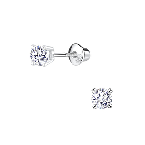 4mm Round Cubic Zirconia Silver Screw Back Bullet Earrings9518