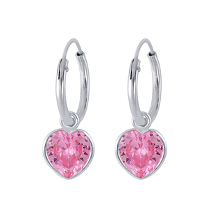 6mm Heart Cubic Zirconia Silver Charm Hoop Earrings2254