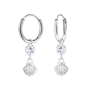 Silver Shell with Cubic Zirconia Charm Hoop Earrings14117