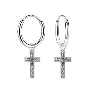 Silver Cross Crystal Charm Hoop Earrings15702