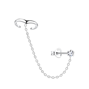 3mm Crystal Silver Stud Earrings and Chevron Ear Cuff with Chain20933