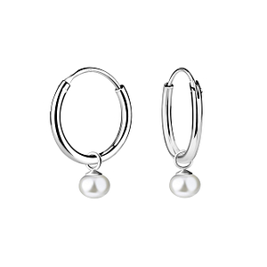 4mm Fresh Water Pearl Silver Charm Hoop Earrings22007