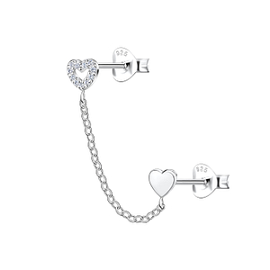 Silver Heart Double Stud Earrings with Chain22456
