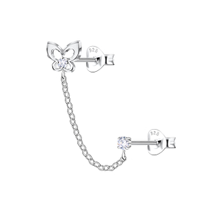 Silver Butterfly Double Stud Earrings with Chain22459