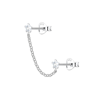 Silver Star Double Stud Earrings with Chain22471