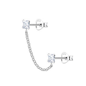 Silver Square Double Stud Earrings with Chain22472