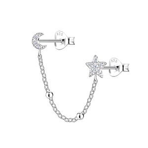 Silver Moon and Star Double Stud Earrings with Ball Chain22484